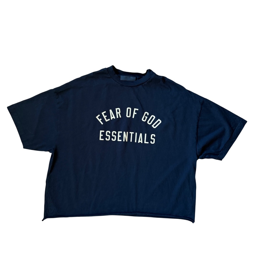 Fear of God Essentials T-Shirt Mens L Black Oversized Logo Boxy Cropped Raw Hem